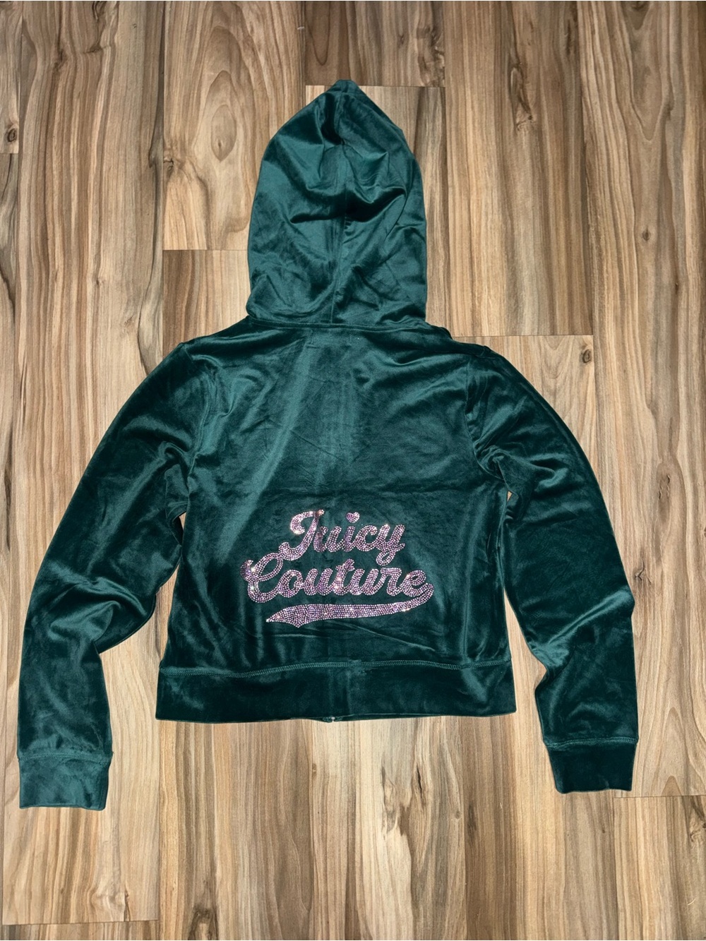 Juicy Couture Velvet Green Rhinestone Zip-Up Hoodie